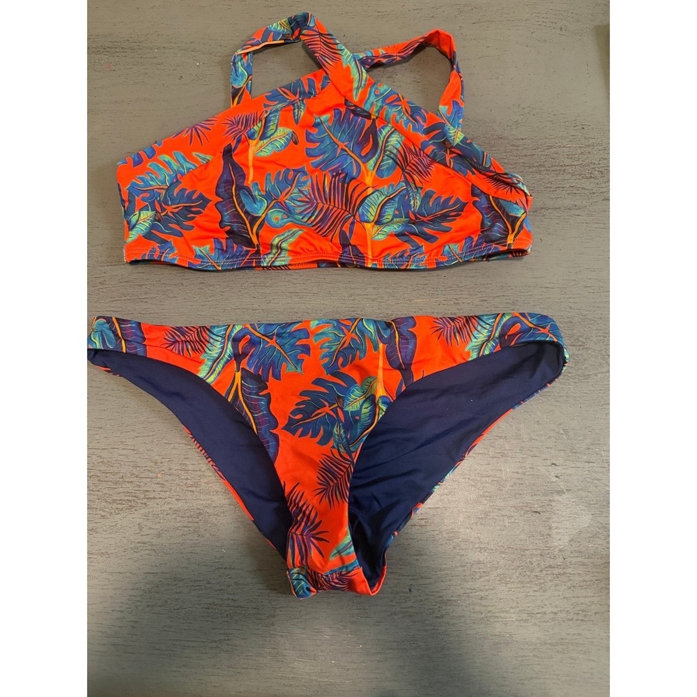 L*Space Tropical Palm High Neck Bikini Set Orange Blue Bitsy Cut Medium NWOT